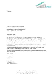 4 July[removed]NOTICE OF INTENTION TO CONSTRUCT Poowong Loch & Nyora Sewerage Scheme Water Act 1989 No[removed]Section 175