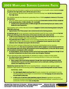 2009 M aryland S ervice -L earning Facts Maryland was the first state to require service-learning hours for all public school students in order to graduate from high school, and is still the only state to do so. •	 Eve