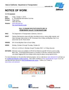 State of California • Department of Transportation ____________________________________________________ caltrans8.info NOTICE OF WORK[removed]Updated) Date: