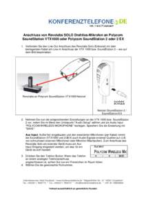 Anschluss von Revolabs SOLO Drahtlos-Mikrofon an Polycom SoundStation VTX1000 oder Polycom SoundStation 2 oder 2 EX 1. Verbinden Sie den Line-Out Anschluss des Revolabs Solo (Einkanal) mit dem beiliegenden Kabel am Line-