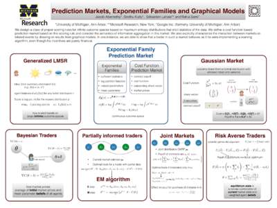 Prediction Markets, Exponential Families and Graphical Models Jacob Abernethy*, Sindhu Kutty*, Sébastien Lahaie** and Rahul Sami^ *University of Michigan, Ann Arbor; **Microsoft Research, New York; ^Google Inc. (formerl