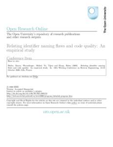 Open Research Online The Open University’s repository of research publications and other research outputs Relating identifier naming flaws and code quality: An empirical study