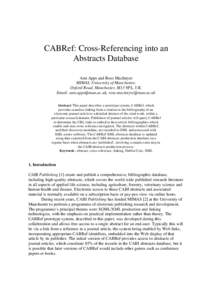 CABRef: Cross-Referencing into an Abstracts Database Ann Apps and Ross MacIntyre MIMAS, University of Manchester, Oxford Road, Manchester, M13 9PL, UK. Email: , 