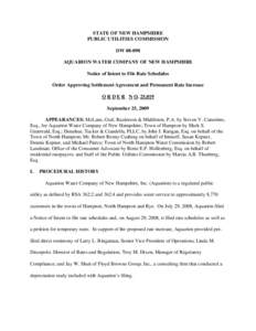 STATE OF NEW HAMPSHIRE PUBLIC UTILITIES COMMISSION DW[removed]AQUARION WATER COMPANY OF NEW HAMPSHIRE Notice of Intent to File Rate Schedules Order Approving Settlement Agreement and Permanent Rate Increase