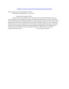 Southern Campaign American Revolution Pension Statements & Rosters Pension Application of Richard Brashears R12756 Transcribed and annotated by C. Leon Harris Pension Office/ March 14th 1846 I certify that I have examine