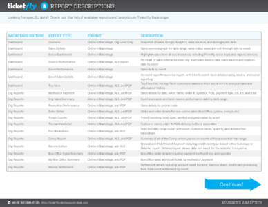 Report Descriptions Looking for specific data? Check out this list of available reports and analytics in Ticketfly Backstage. Backstage Section  Report Type