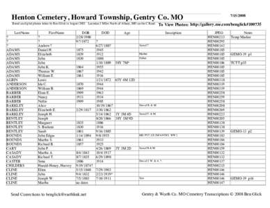 Henton Cemetery, Howard Township, Gentry Co. MO Based on digital photos taken by Ben Glick in August 2002 Location:3 Miles North of Albany, MO on the C Road. LastName ? ?