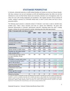 STATEWIDE PERSPECTIVE In Colorado, substantial reductions in traffic related fatalities and injuries occurred over the past decade. Still, lives continue to be lost and individuals are left with debilitating injuries tha