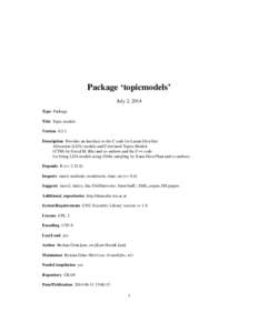 Package ‘topicmodels’ July 2, 2014 Type Package Title Topic models Version[removed]Description Provides an interface to the C code for Latent Dirichlet