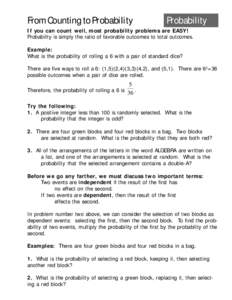 From Counting to Probability  Probability If you can count well, most probability problems are EASY! Probability is simply the ratio of favorable outcomes to total outcomes.