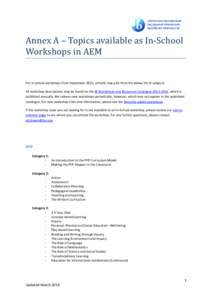 Annex A – Topics available as In-School Workshops in AEM For in-school workshops from September 2013, schools may pick from the below list of subjects. All workshop descriptions may be found on the IB Workshops and Res