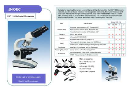 JNOEC XSP-136 Biological Microscope Suitable for teaching Elementary, Junior High and High School alike, the XSP-136 Series is versatile, durable and cost-effective. Interchangeable Monocular, Binocular,Trinocular and Du