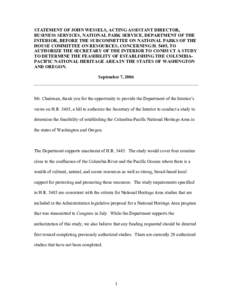 STATEMENT OF ______, TITLE, NATIONAL PARK SERVICE, DEPARTMENT OF THE INTERIOR BEFORE THE SUBCOMMITTEE ON NATIONAL PARKS OF THE