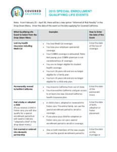 2015 SPECIAL ENROLLMENT QUALIFYING LIFE EVENTS Note: From February 23 – April 30, there will be a new option “Informed of Risk Penalty” in the Drop-Down Menu. Enter the date of the event as the date applying for Co