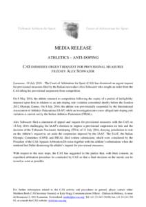 Tribunal Arbitral du Sport  Court of Arbitration for Sport MEDIA RELEASE ATHLETICS – ANTI-DOPING