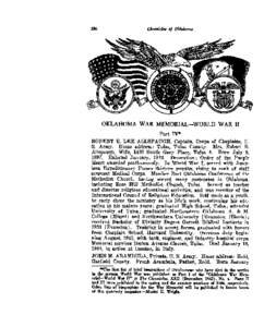 OKLAHOMA WAR MEMORIAL-WORLD WAR I1 ROBERT E. LEE ALLSPAUGE, Captain, Corps of Chaplains, U. S. Army. Home address: Tulsa, Tulsa County. Mrs. Robert E. Allspaugh, Wife, 1430 South Gary Place, Tulsa 4. Born July 8, 1897. E