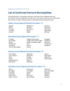 Updated as of September 30, 2014  List of Confirmed Vermont Municipalities The following 204 municipalities have been confirmed by their Regional Planning Commission. Since an approved municipal plan is the major require