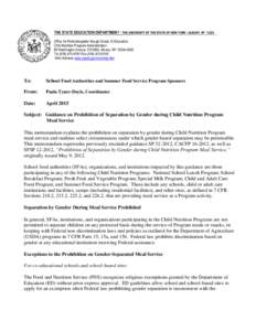 THE STATE EDUCATION DEPARTMENT / THE UNIVERSITY OF THE STATE OF NEW YORK / ALBANY, NY[removed]Office for Prekindergarten though Grade 12 Education Child Nutrition Program Administration 89 Washington Avenue 375 EBA, Albany