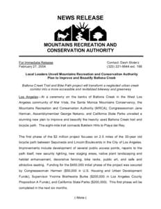 NEWS RELEASE  MOUNTAINS RECREATION AND CONSERVATION AUTHORITY For Immediate Release February 27, 2004