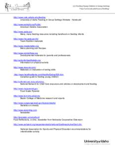 http://www.cals.uidaho.edu/feeding University of Idaho Feeding in Group Settings Website: Handouts! http://www.eatright.org/Public/ American Dietetic Association http://www.usda.gov Many, many feeding resources including