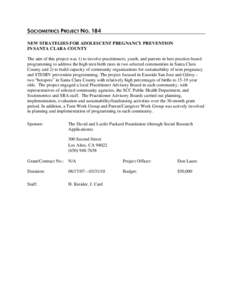 SOCIOMETRICS PROJECT NO. 184 NEW STRATEGIES FOR ADOLESCENT PREGNANCY PREVENTION IN SANTA CLARA COUNTY The aim of this project was 1) to involve practitioners, youth, and parents in best practice-based programming to addr