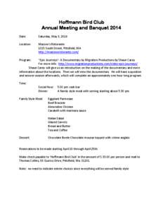 Hoffmann Bird Club Annual Meeting and Banquet 2014 Date: Saturday, May 3, 2014
