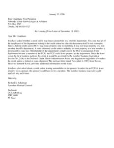 January 23, 1996 Tom Grantham, Vice President Nebraska Credit Union League & Affiliates P.O. Box 3727 Omaha, NE[removed]Re: Leasing (Your Letter of December 13, 1995)