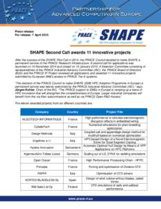 Press release For release: 7 April 2015 SHAPE Second Call awards 11 innovative projects After the success of the SHAPE Pilot Call in 2014, the PRACE Council decided to make SHAPE a permanent service of the PRACE Research