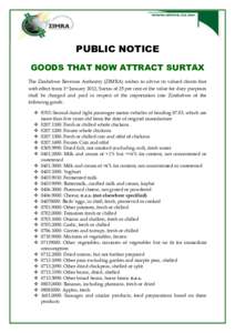 PUBLIC NOTICE GOODS THAT NOW ATTRACT SURTAX The Zimbabwe Revenue Authority (ZIMRA) wishes to advise its valued clients that with effect from 1st January 2012, Surtax of 25 per cent of the value for duty purposes shall be