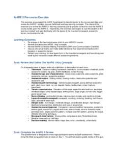 AIARE 2 Pre-course Exercise This exercise encourages the AIARE 2 participant to take time prior to the course start date and review the AIARE 1 student manual, field book and key learning concepts. The intent of the exer