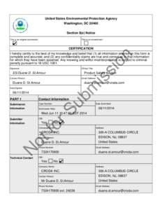 United States Environmental Protection Agency Washington, DC[removed]Section 8(e) Notice This is an original submission:  This is an amendment: