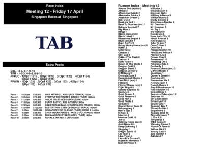 Race Index  Meeting 12 - Friday 17 April Singapore Races at Singapore  Extra Pools