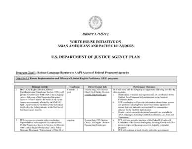 DRAFT[removed]WHITE HOUSE INITIATIVE ON ASIAN AMERICANS AND PACIFIC ISLANDERS  U.S. DEPARTMENT OF JUSTICE AGENCY PLAN