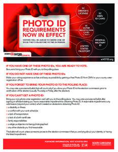 IF YOU HAVE ONE OF THESE PHOTO IDs, YOU ARE READY TO VOTE. Be sure to bring your Photo ID with you to the polling place. IF YOU DO NOT HAVE ONE OF THESE PHOTO IDs: Make your voting experience as fast and easy as possible