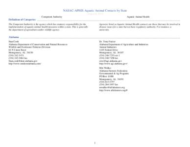 NASAC-APHIS Aquatic Animal Contacts by State August 8, 2012 Competent Authority Aquatic Animal Health