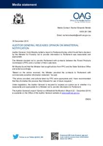 Media statement  Media Contact: Rachel Edwards Mobile: [removed]Email: [removed] 18 December 2014