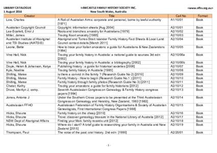 LIBRARY CATALOGUE 1 August 2016 Creator Low, Charles Australian Copyright Council Lea-Scarlett, Errol J