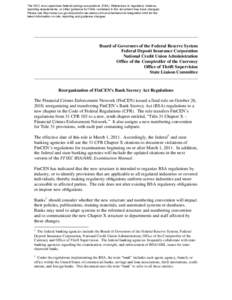 OCC[removed]: BSA/AML: Interagency Statement on Reorganization of Bank Secrecy Act Regulation