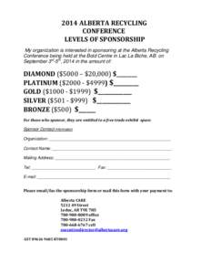 2014 ALBERTA RECYCLING CONFERENCE LEVELS OF SPONSORSHIP My organization is interested in sponsoring at the Alberta Recycling Conference being held at the Bold Centre in Lac La Biche, AB. on September 3rd-5th, 2014 in the