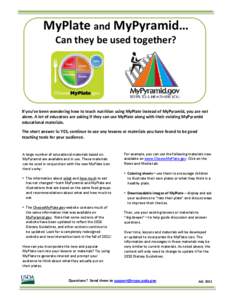MyPlate and MyPyramid… Can they be used together? If you’ve been wondering how to teach nutrition using MyPlate instead of MyPyramid, you are not alone. A lot of educators are asking if they can use MyPlate along wit