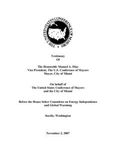 Testimony Of The Honorable Manuel A. Diaz Vice President, The U.S. Conference of Mayors Mayor, City of Miami