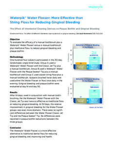 Waterpik® Water Flosser: More Effective than String Floss for Reducing Gingival Bleeding The Effect of Interdental Cleaning Devices on Plaque Biofilm and Gingival Bleeding Rosema NAM et al. The effect of different inter