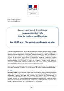 D IRECTION G ÉNÉRALE DE LA COHÉSION SOCIALE Conseil supérieur de travail social Sous-commission veille Note de synthèse problématique