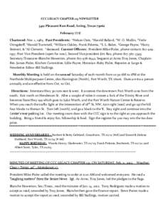 CCC LEGACY CHAPTER 123 NEWSLETTER[removed]Pleasant Run Road, Irving, Texas[removed]Feb ruary 2012 Chartered: Nov. 1, 1985. Past Presidents: *Nelson Oats, *Harold Ballard, *W. O. Mullin, *Verle Oringderﬀ, *Harold Trammell, 