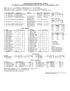 Hockey Game Box Score (Final) #3 Miami vs #8 Providence (Oct 26, 2013 at Providence, R.I.) Miami[removed], 1-1-0 NCHC) vs. Providence[removed], 0-0-0 HEA) Date: Oct 26, 2013 • Location: Providence, R.I. • Arena: Schneide