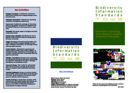 Our Activities Biological Collections: A standard for record-level details about existing and emerging biological collection data banks. Collections Descriptions: A Standard for describing collections of biologically-rel