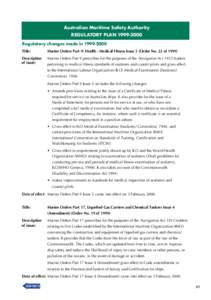 Australian Maritime Safety Authority REGULATORY PLAN[removed]Regulatory changes made in[removed]Title:  Marine Orders Part 9: Health - Medical Fitness Issue 5 (Order No. 22 of 1999)