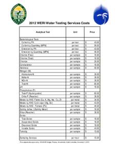 2012 WERI Water Testing Services Costs Analytical Test Bacteriological Tests Colilert by PA Colilert by Quantitray (MPN) Enterolert by PA