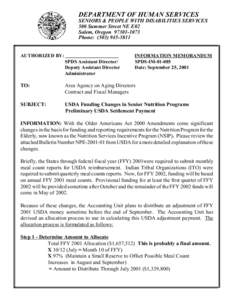 DEPARTMENT OF HUMAN SERVICES  SENIORS & PEOPLE WITH DISABILITIES SERVICES 500 Summer Street NE E02 Salem, Oregon[removed]Phone: ([removed]