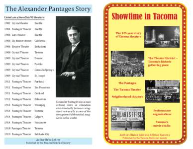 The Alexander Pantages Story  Listed are a few of his 90 theaters: 1902 	 Crystal theater 	  Seattle